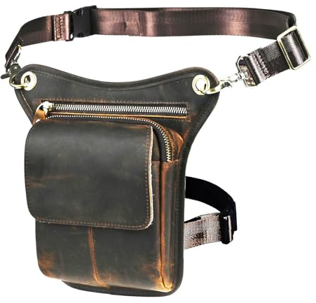Handadsume Tela Resistente All'acqua + Vera Pelle Moto Equitazione Travel Coscia Borsa per Gambe Marsupio in Vita Per Gli Uomini Donne 2141 211-5 (100% Vera Pelle-X1-Marrone)