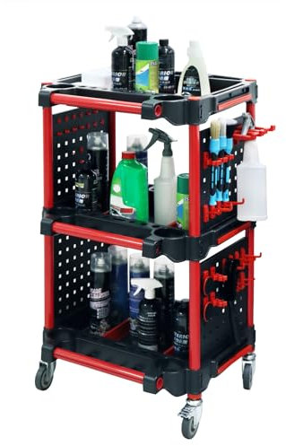 3-Tier Rolling Auto Detailing Cart with 4 Side Plates & Hooks,Mobile Garage Storage Organizer for Car Wash,Polishing & DetailingTools, Heavy-Duty Service Cart for Detailers & Repair Shops