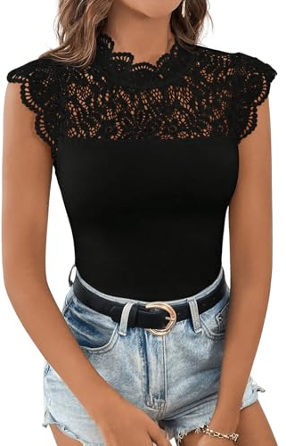 GORGLITTER Kroppsdräkt för kvinnor, eleganta toppar, sommar, spetsbody, vingärmar, bodys, svart, XS