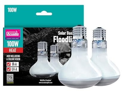 Arcadia Reptile - Solar Basking Floodlight - 100w Twin Pack - Standard E27 Fitting - Produces Essential UVA - Aids Wellbeing & Colour Vision -Suitable for All Reptiles