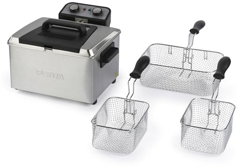 Freidora de Grasa Profunda Petra 5L – Cesta Grande de Alambre para Cocinar y 2 Cestas Pequeñas, Mango Desmontable, Tazón Antiadherente, Temperatura Ajustable, Ventana de Visión, 3000W, PT6266VDE