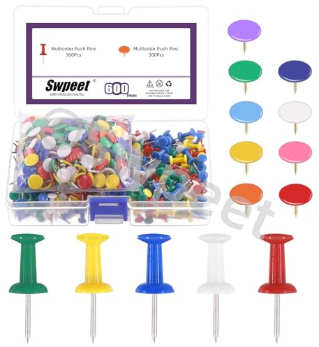 Swpeet 600 st 2 stilar färgade vinylbelagda platta häftstift och plast huvud stål spetsiga tryckstift sortimentsats, runt huvud häftstift tryckstift stift för kontor skola hem