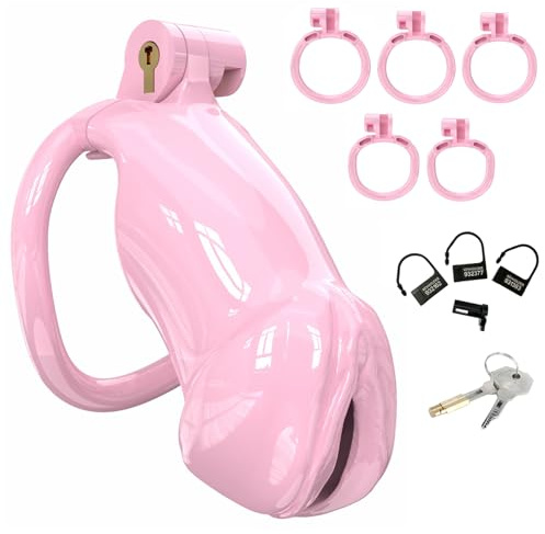 BDSMJOY Cages de Chasteté avec 5 cockrings, Homme Cock Bondage BDSM Sex toys, Cock Cage Men Sex Toýs, Chastity cage Pour Punition Sextoyse Couple (Rose, M)