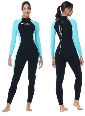 Owntop Traje de neopreno para hombre y mujer de 3/2 mm, longitud completa, con cremallera trasera, elástico térmico, piel de buceo profesional para surf, esnórquel, color azul, talla M