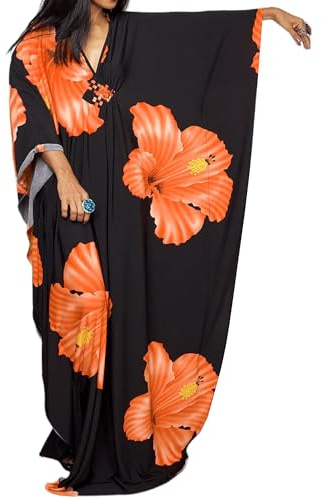 Bsubseach Moo Moos kaftan klänningar för kvinnor blommigt tryck plus size baddräkt coverup kaftan maxi strandklänning med fickor, Orange, one size