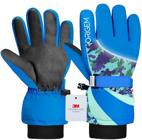 Origem Guanti Neve Invernali Bambino Bambina, 3M Thinsulate Impermeabili Guanti Sci Termici con Touchscreen a 5 Dita Riflettenti Antiscivolo per Bambini 4-14 anni Snowboard Sciare Calcio Bici