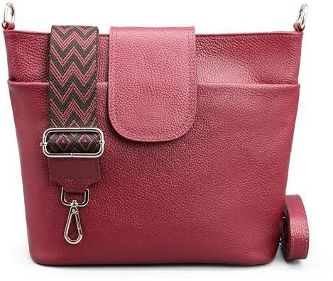 Brise Art Umhängetasche Damen Echtes Leder ELLIE Handgemachte Crossbody Bag mit Ledergurt + Optionalen Breiten Gemusterten Riemen 6 Fächer Wasserdichte Schultertasche Made in Italy (Bordeaux - 2)