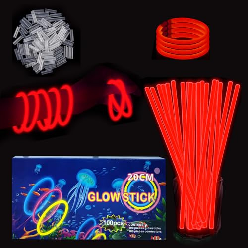 YAAVAAW Braccialetti luminosi fluorescenti verde 100 pezzi, colorati bastoni bulk con 100 connettori. Glow sticks bambini adulti per compleanno, feste, Carnevale, Capodanno, Pasqua, Halloween (Rosso)