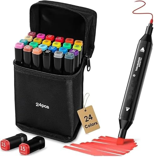 Kitire 24 Alcohol Markers Set, Quick Drying Dual Tip Colouring Pens for Adults, Permanent Art Felt Tip Pens for Coloring Book, Drawing Graffiti, Manga Artists, Painting, Anime, Sketching