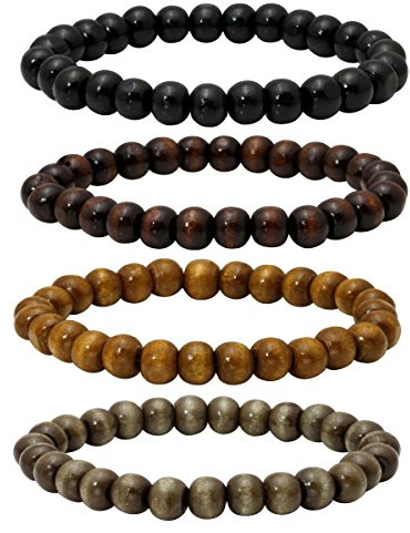 Eigso 4 Pcs 8mm Wood Beads Bracelets for Women and Men Mala Prayer Meditation Wrist Bracelet Elastic 7-7.5 Adjustable