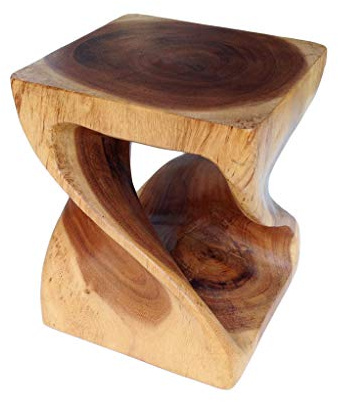 Collumino Asian Oriental Double Twist 12 inch Wood Stool ~ Square Top Side Table ~ End Table (Honey Wax Brown)