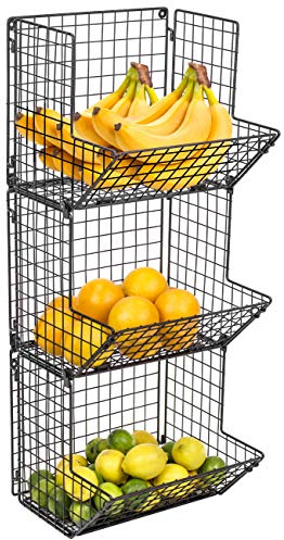 Sorbus Hanging Fruit Basket Wall Mounted Wire Metal Bins - 3 Tier Storage Basket Organizer for Kitchen Storage, Great for Produce Fruits & Vegetables, Potato Onion Storage Bathroom Tower (Black)