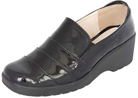 Cushion Walk Women's Ladies Lightweight Faux Leather Slip-on Low Wedge Shoes, Flats, Casual Work Office Comfort Shoes - Mat Black or Patent Black (6 UK, Black Patent)