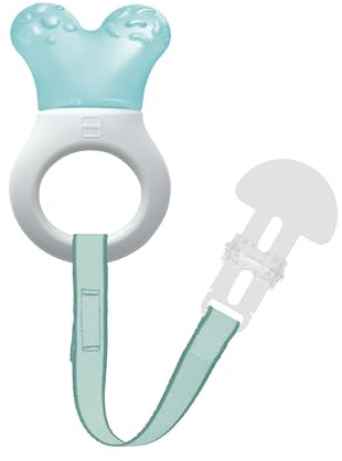 MAM Mini Cooler & Clip Dentaruolo, Massaggia gengive neonati 2+ mesi rinfrescante e lenitivo, Neonato accessori utili facili da afferrare, Con catenella portaciuccio in velcro e clip, Azzurro