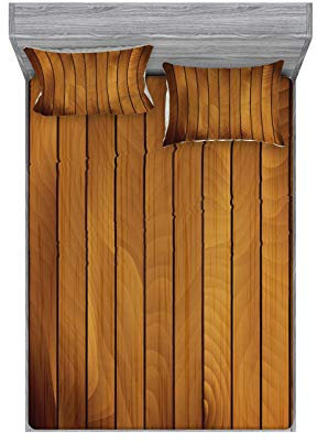 ABAKUHAUS Braun Buntes Spannbetttuch- und Kissen-Set, Hölzerne Planke Aged Holz, Dekoratives und Bedrucktes 3-teiliges Bettwäscheset, 180 cm x 200 cm, Dunkelbraun Hellbraun