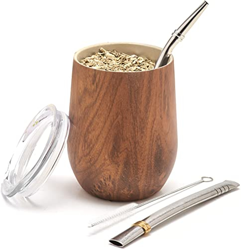 balibetov Modern Mate - Juego de taza y bombilla (taza de yerba mate) - El juego de yerba mate incluye taza de té mate de acero inoxidable 18/8 de doble pared, dos bombillas mate (pajita) y un cepillo