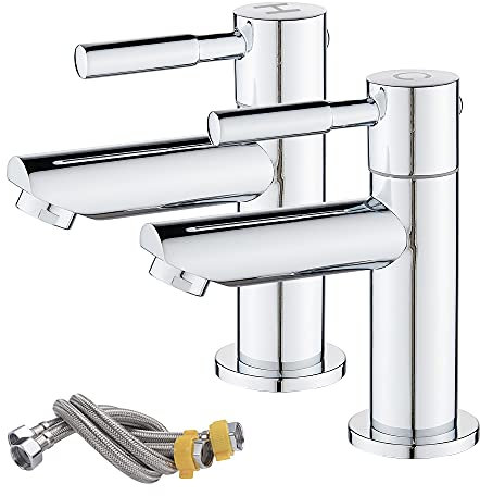 Maynosi Bathroom Basin Pillar Taps, Pair Basin Sink Mixer Taps, 1/4 Turn Washroom Pair Faucets Twin Lever, 2 Pcs Modern Taps, Include Flexible Hoses, Brass (Chrome)
