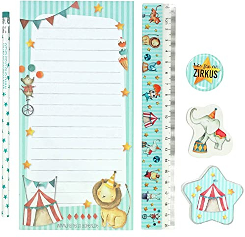 Papierdrachen Set d'écriture 6 pièces | Motif Cirque | avec Taille-Crayon, règle, Gomme, Bloc-Notes et Bouton | idée Cadeau pour Le Premier Jour d'école ou fête d'anniversaire d'un Enfant | Set 3