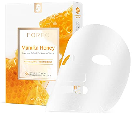 FOREO Manuka Honey revitalisierende Sheetmaske für trockene und matte Haut, 3er Pack, Anti-Aging, tiefenwirksam nährende, cleane Formulierung, ohne Tierversuche, mit den UFO Geräten kompatibel
