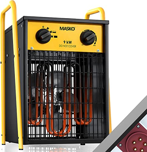Masko® Elektroheizer Heizlüfter Bauheizer 9 KW mit integriertem Thermostat elektrisch Heizgerät 9000 Watt 3 Heizstufen Heizgebläse für Innen- und Außeneinsatz Überlastschutz Elektroheizgebläse Gelb