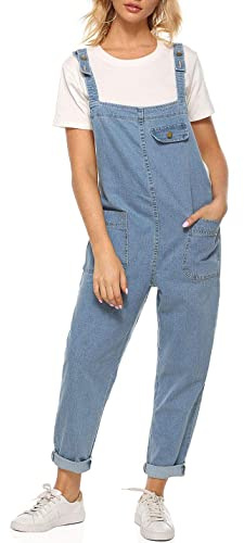 Sukany Mono de mezclilla holgado casual para mujer con babero suelto Harem Romper pantalones mono, azul claro, M