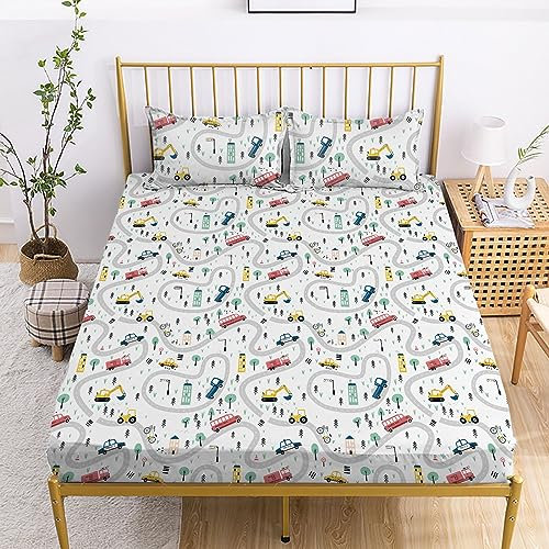 Yasida Car Sheet Sets for Kids Cute Cartoon Truck Bed Full Size Fitted Sheets Boys 3D Plants Print Bedding Set Soft Microfiber Bedroom Decor(3pc)