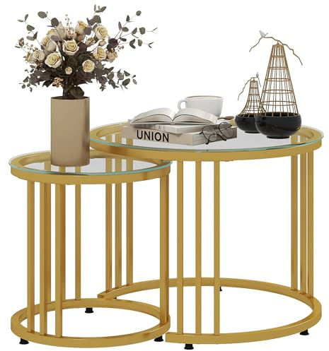 HOMCOM Nest of Tables, Round Coffee Tables Set of 2 with Tempered Glass Top and Steel Frame for Living Room, Gold Tone