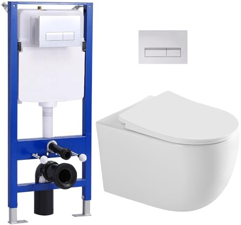 Hänge WC Spülrandlos mit Unterputz Spülkasten, Toilette und Vorwandelement WC Set Komplett, Glänzende Chromfarbe WC Drückerplatte Betätigungsplatte, Wand WC mit Soft-Close Absenkautomatik Deckel