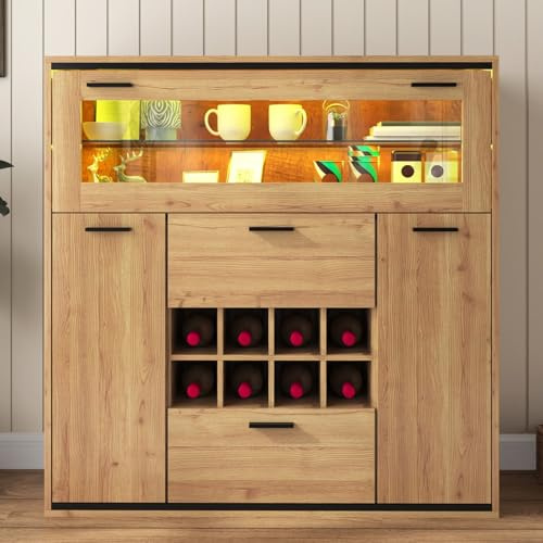 KOMHTOM Aparador comedor con LED y armario para vino, mueble de almacenamiento con 2 puertas y 2 cajones para salón y cocina (A)