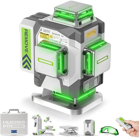 Huepar Pro Laser Level, 4 * 360 Self Levelling Laser Leveler, High Accuracy Professional 4D Green Laser Level with 8000mAh Rechargeable Li-ion Battery, Multifunctional Stand and Hard Case ZK04CG