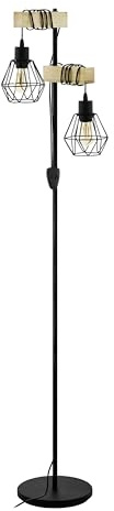 Eglo Lampadaire Townshend 5, lampe de sol pour salon avec 2 abat-jour au design industriel, luminaire sur pied en acier noir et bois naturel, E27, certifié FSC, avec interrupteur