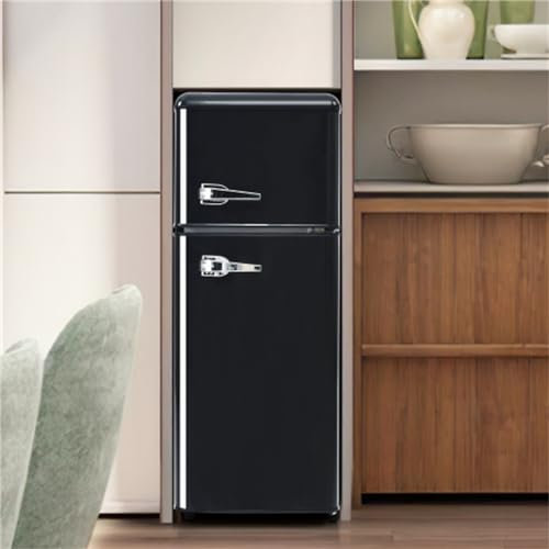 Réfrigérateur Rétro Deux Portes Avec Congélateur - 105,5 Cm De Haut, 41 Cm De Large, Capacité 92 L, Congélateur 28 L, Classe énergétique F, 181 Kwh/an, -27°c à 13°c, éclairage Led, Idéal P(Color:Noir)