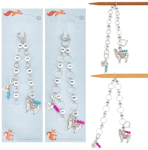 NBEADS 2 Pcs Alpaca Knitting Row Counter Chains, 2Pcs Heart Stitch Markers Acrylic Beaded Row Counter Chains Row Counting Accessories with Iron Ring for Sewing Knitting Crochet Tracking