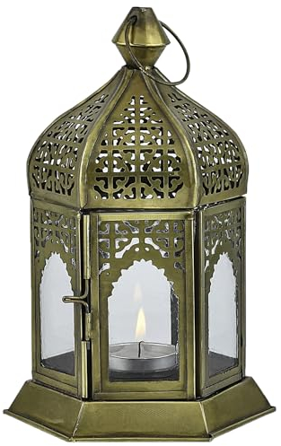 Marrakesch Boho Deko Teelichthalter Windlicht aus Metall & Glas Khatija 20cm | Orientalische Kerzenhalter Laterne modern als Marokkanische Balkon Garten oder Wohnzimmer Deko | Gartendeko für draußen