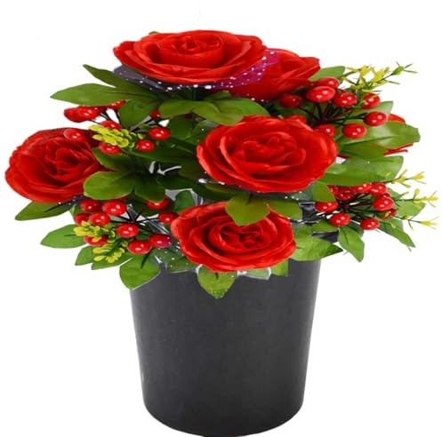 Etomvoop Flor de tumba artificial con maceta, 12 cabezas de rosas conmemorativas, flores reales como seda, flores artificiales para cementerio, cementerio, hogar, decoración de Navidad
