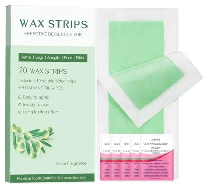 Wax Strips for Face, Bikini Waxing Strips Kit for Sensitive Skin, Cold Wax for Body Armpit Legs Arms Lip Hair Removal, 20 Strips + 5 Oil Wipes, Easy And Effective Use