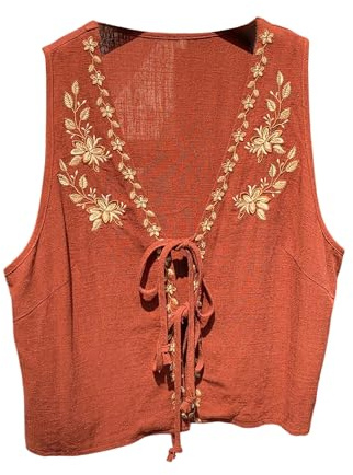 SHENHE Women's Plus Size Bow Tie Front Floral Embroidered Vests V Neck Sleeveless Boho Linen Tops Brown XX-Large Plus
