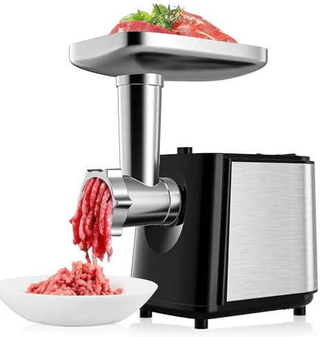 Tritacarne elettrico professionale da 2000 W 5 in 1 con insaccatrice e 8 accessori, 3 piastre di macinatura, ausilio da cucina in acciaio inossidabile per uso domestico e commerciale