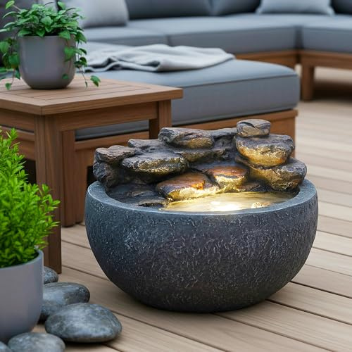 Fontana e fontana da giardino a LED, effetto pietra, Ø 42 cm, con illuminazione bianca calda, cascata e pompa da 450 l/h, fontana decorativa per interni ed esterni, in poliresina, set completo con