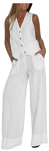 Générique Ensemble en Lin Femme D'été Casual Chic et Élégant 2 Pièces Gilet Col en V sans Manches + Pantalon Ample Taille Haute Tenue Décontracté Streetwear Plage Été Respirant Suit