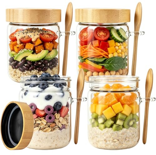 mobumeia 4 Bocal Overnight Oats 500ml, Pot Yaourt en Verre avec Couvercle