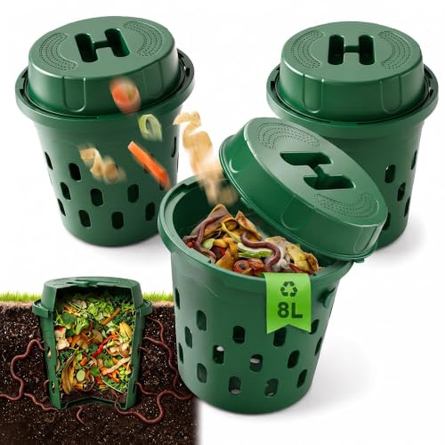 MidingChai 3 pezzi Fattoria sotterranea di vermi 8L con coperchio, bidone per compost in PVC con foro di ventilazione, kit di base organico per il miglioramento del suolo nelle piante, compostiera per