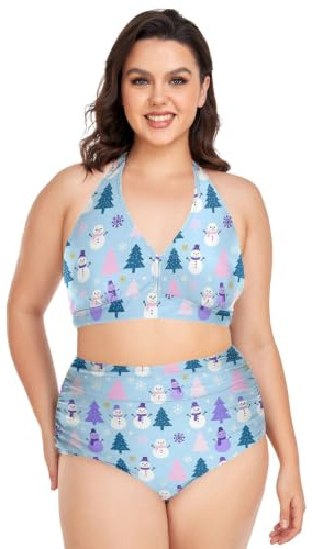 Plus storlek sexig bikini justerbar vinter snöflingor snögubbar jul halterneck bikini magkontroll baddräkt för