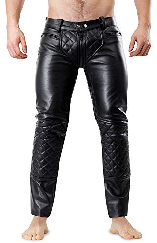 Bockle® 5 Gay-Zip quiltade läderjeans läderbyxor med genomgående dragkedja dragkedja, svart, 34W x 36L