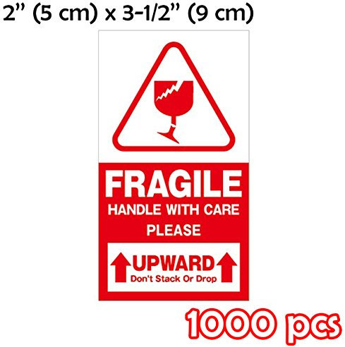 1000Stück Warnetiketten Aufkleber fragile, leuchtrot Umzugs-Etiketten Vorsicht zerbrechlich Glas Bruchgefahr Paketaufkleber handle with care, Versandetiketten selbstklebend,Vorsicht glas