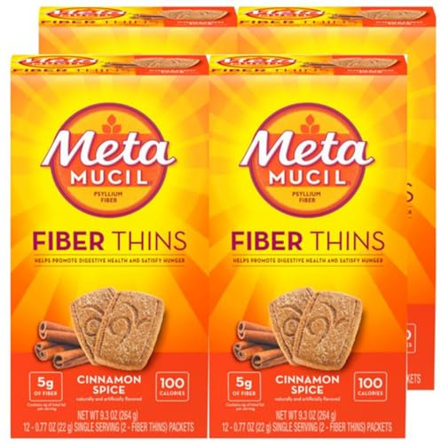 Metamucil Fiber Thins, Daily Fiber Supplement Snack, Psyllium Husk Powder, 5g Fiber per Serving, Supports Digestive Health and Satisfies Hunger, Cinnamon Spice Flavor, pack of 4, 12 Servings each