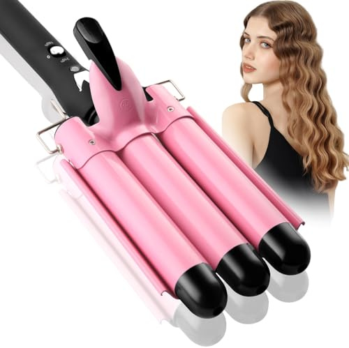 3 Barrel Curling Iron Hair Crimper: Mothers Day Gifts for Women - Dual Voltage Adjustable Temperature Three Barrels Hair Waver - 1 Inch Ceramic Curler Wand (Pink)