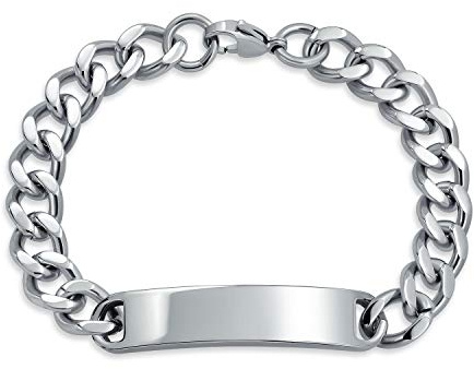 Bling Jewelry Pulsera de identificación con nombre grabado, cadena cubana de bordillo chapado para hombres, tono plateado de acero inoxidable de 8 pulgadas.