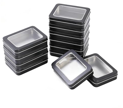 LJY 12 Pack Empty Rectangular Metal Storage Organizer Tins with Clear Window Hinged Lids for Small Items and Other Craft Projects, 4.5 x 3.3 x 0.9 inch (Black)