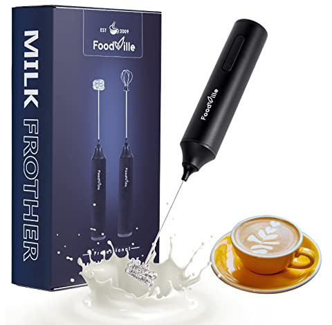 FoodVille MF05 Rechargeable Milk Frother USB Charging Handheld Foam Maker with Stainless Balloon Whisk for Cappuccino, Latte, Bulletproof Coffee, Keto Diet, Protein Powder, Matcha (Black)